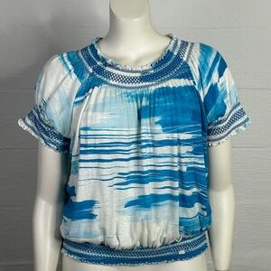 Calvin Klein Women's Top 1X Blue White Short Sleeve Linen Blend Boho Cottage